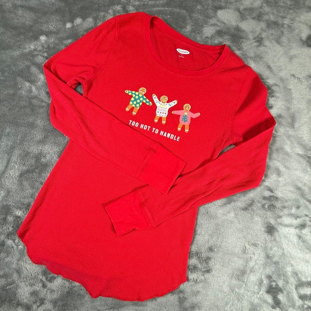 Old Navy Women's Small Thermal L/S Pullover Gingerbread Cookie Holiday Red
